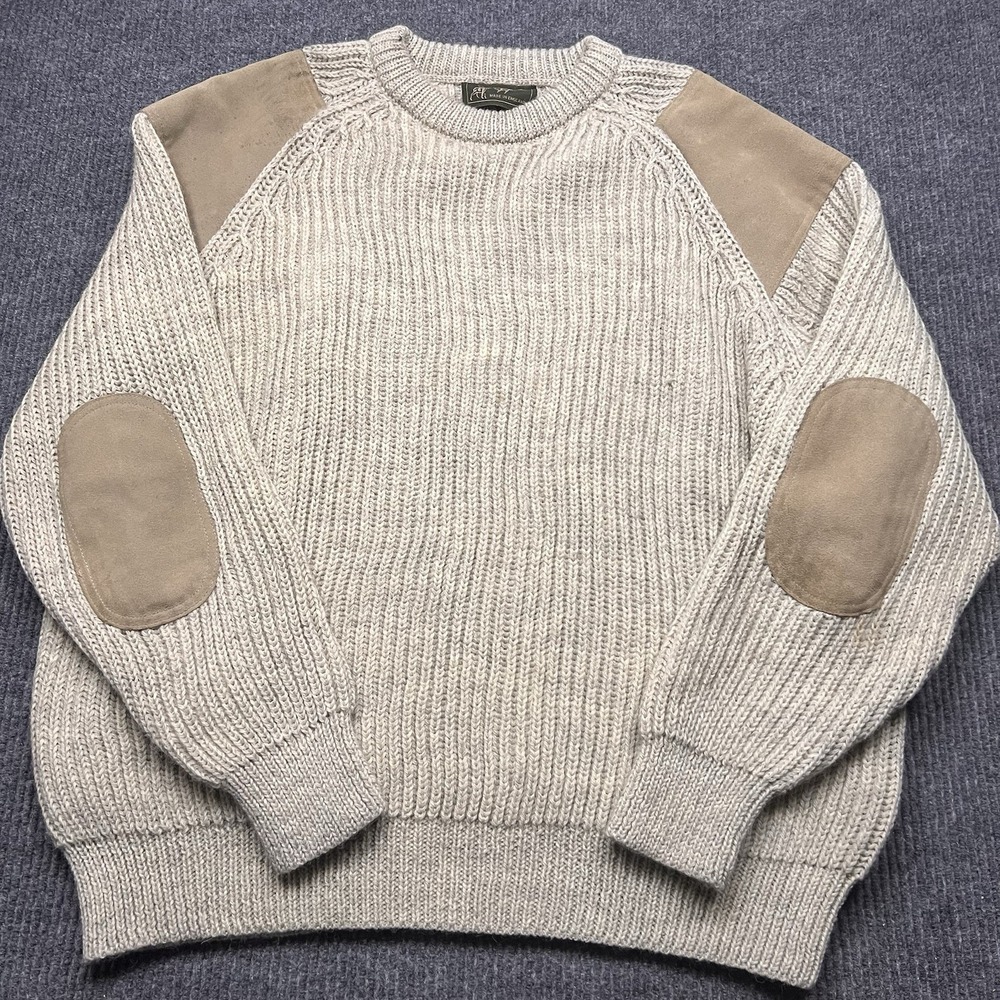 NIFFI Wool Sweater Mens 2XL Heavy Knit Chunky Leather Suede Elbow Patch England
